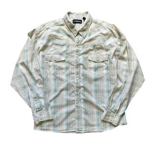 Vintage Y2K No Boundaries Western Pearl Snap Shirt Beige Green Plaid Cowboy
